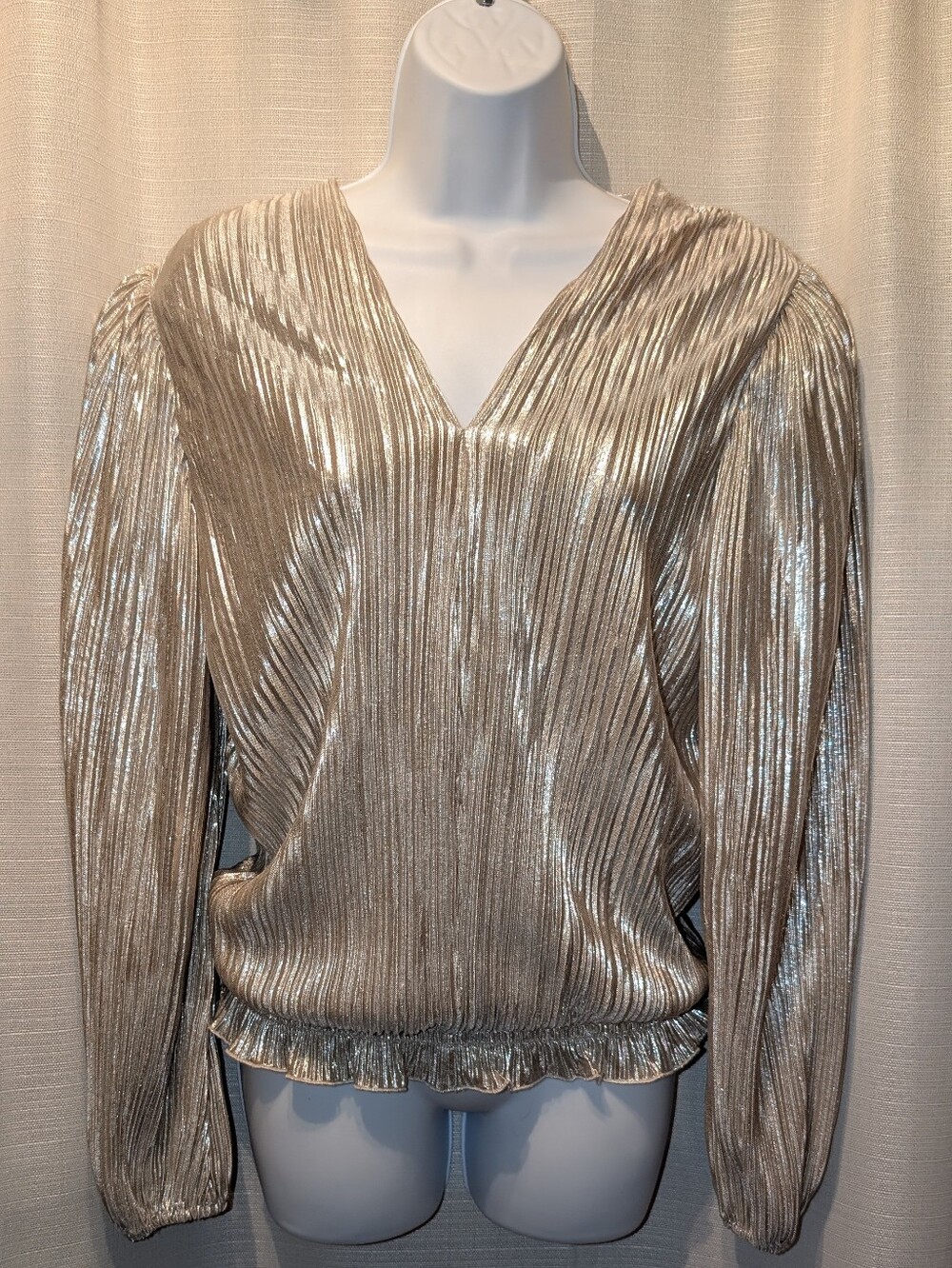 Shimmery Silver V-Neck Long Sleeve Blouse